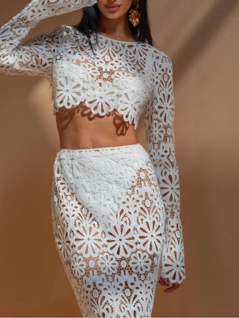 Women‘s Sexy Lace 2 Pieces Outfits Hollow Out Set Crop Tops Bodycon Skirts Long